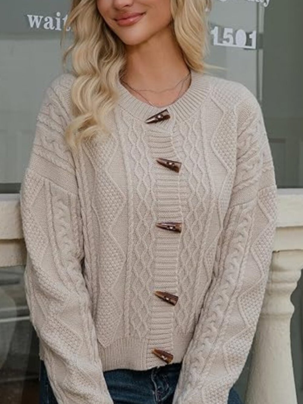 NWT Salierart Horn Button Cable Knit Cardigan Apricot Cream XL